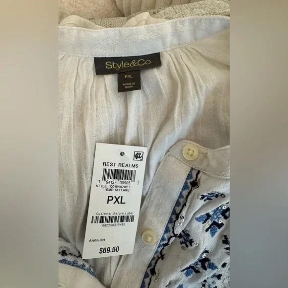 Style & Co. White Blouse with Blue Embroidery - Picture 8 of 10